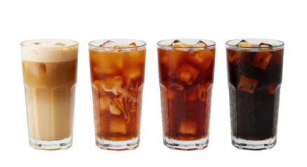 Four tall clear tumblers, distinct iced teas with ice and condensation, in a row on a white studio background, refreshing commercial beverage concept