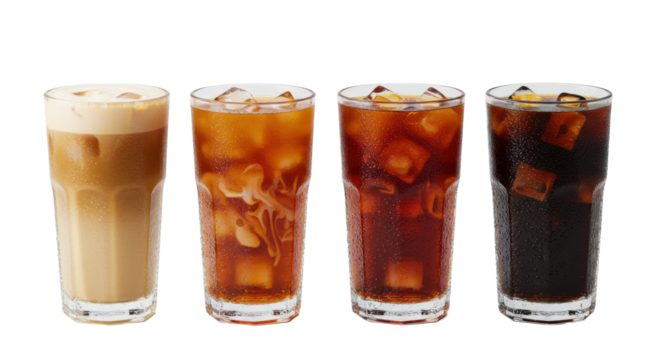Four tall clear tumblers, distinct iced teas with ice and condensation, in a row on a white studio background, refreshing commercial beverage concept