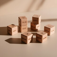 Fototapeta premium Wooden cubes scattered on smooth beige tone showing calm and brave engraved typography 