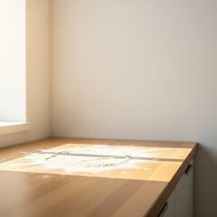 Sunlight streams onto a wooden tabletop with scattered flour in a quiet room.