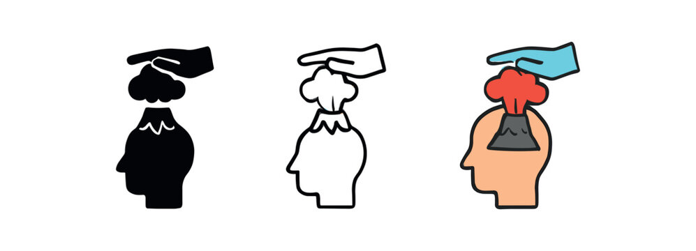 controlling anger volcano calm icon on white background Black silhouette flat icon outline icon and colored icon style three minimal vector icon style