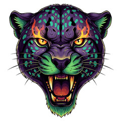 Colorful illustration of a jaguar's head with an open mouth, showing its teeth and vibrant markings.