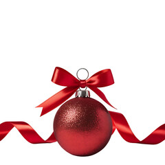 Red christmas ball with ribbon isolated on transparent background for decoration