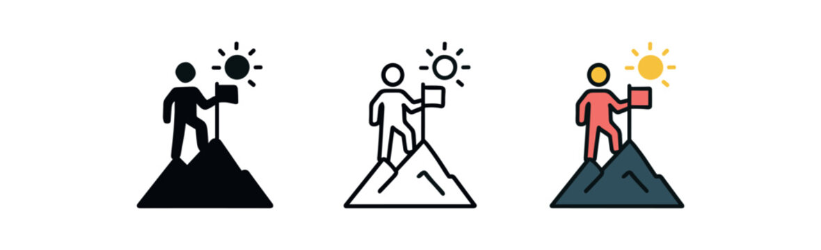 building confidence mountain icon on white background Black silhouette flat icon outline icon and colored icon style three minimal vector icon style