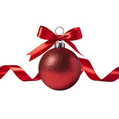 Red christmas ball with ribbon isolated on transparent background for decoration