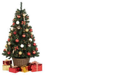 Beautiful christmas tree decorated with red and gold ornaments isolated on transparent background