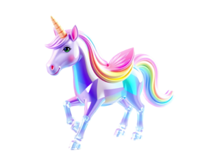 A magical iridescent unicorn with a rainbow mane and tail isolated on transparent background
