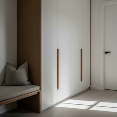 Sunlit contemporary hallway featuring a sleek white closet and integrated seating nook.