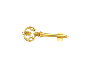 Ornate antique golden key with intricate detailing isolated on transparent background