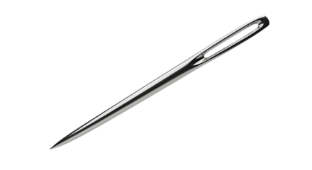 Silver sewing needle with large eye detailed close up on transparent background