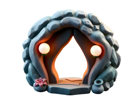 Mysterious fantasy cave entrance with glowing orbs and decorative elements isolated on transparent background