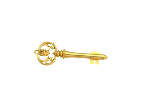 Ornate antique golden key with intricate detailing isolated on transparent background