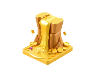 Golden treasure chest with flowing gold coins and gems isolated on transparent background