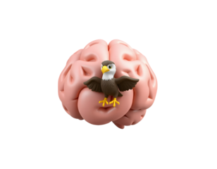 Small cartoon bird perched on a pink brain isolated on transparent background