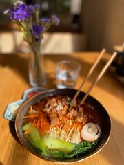 Bowl of spicy porkbelly soup at a Chinese restaurant