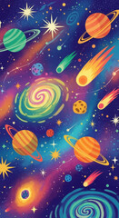 Fototapeta premium Whimsical cosmic journey through vibrant nebulae, colorful planets, and streaking comets, igniting wonder and imagination for all ages.