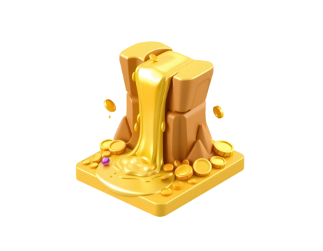 Golden treasure chest with flowing gold coins and gems isolated on transparent background