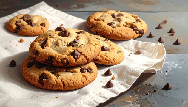Close-up of baked chocolate chip cookies artfully arranged on a white cloth atop a blue-gray rustic wood surface
