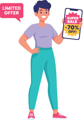 Woman Presenting Super Sale Limited Offer on Smartphone