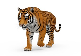Majestic bengal tiger walks confidently forward against a clean white background