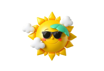 Cute cartoon sun character wearing sunglasses and holding an umbrella isolated on transparent background