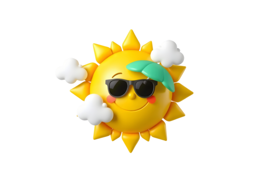 Cute cartoon sun character wearing sunglasses and holding an umbrella isolated on transparent background