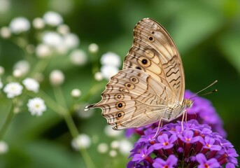 A detailed close up of a brown butterfly with intricate wing patterns resting on a vibrant purple flower