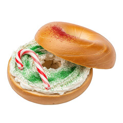 Holiday bagel with cream cheese and candy cane treat on transparent background