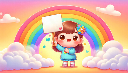 Naklejka premium A cute kid holds a sign with a rainbow string for text on the back.