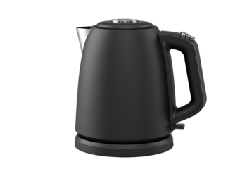 Sleek modern black electric kettle with ergonomic handle isolated on transparent background