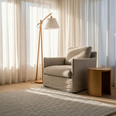 Sunlit living room corner with a cozy armchair and wooden floor lamp.