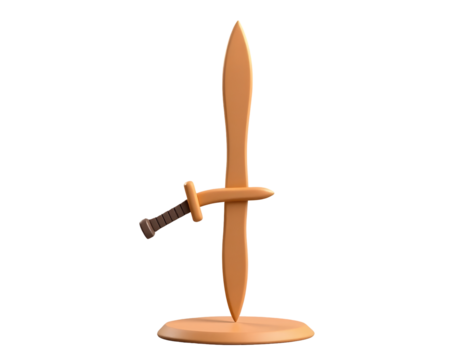 Wooden miniature sword and shield display stand isolated on transparent background