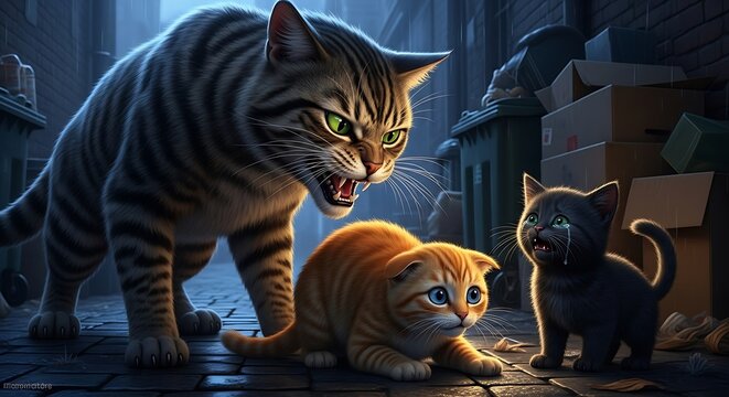 Angry green eyed tabby cat threatens small kittens in a dark wet alley