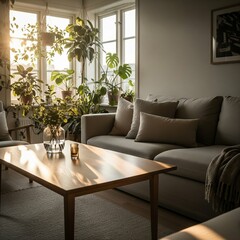 Sunlit living room interior with comfortable sofa and lush green houseplants.