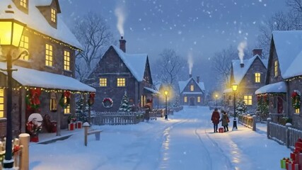 A snow-covered village street lined with decorated houses and lamp posts, gentle snowfall, warm yellow lights reflecting on the snow, festive mood. - Powered by Adobe