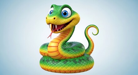 Fototapeta premium Joyful green and yellow cartoon snake coils, displays fangs, and flicks its tongue on light background