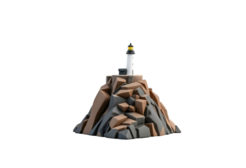 Miniature rocky mountain with a tall white tower isolated on transparent background