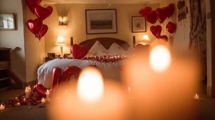Romantic bedroom decorated with balloons candles rose petals for special event - Powered by Adobe