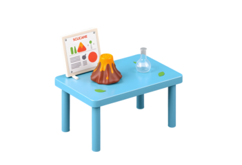 Miniature blue table with volcano experiment and educational chart isolated on transparent background