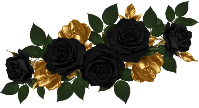 Elegant arrangement of black and gold roses with lush green leaves on transparent background
