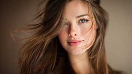 Naklejka premium Captivating Portrait of a Young Woman with Flowing Hair and Natural Beauty Under Soft Lighting in a Studio Environment