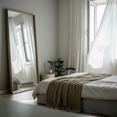 Sunlit minimalist bedroom interior with a large floor mirror and breezy curtains.