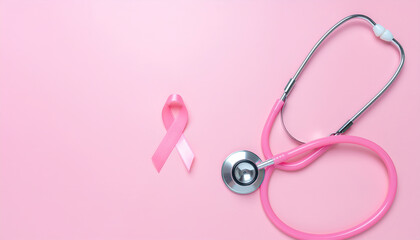 Fototapeta premium Pink stethoscope and breast cancer awareness ribbon on a pink background