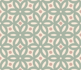 Fototapeta premium A seamless geometric floral pattern in soft pastel colors featuring petal shapes and circular accents, creating a calm and elegant design ideal for textiles, wallpapers, stationery, and modern decor.