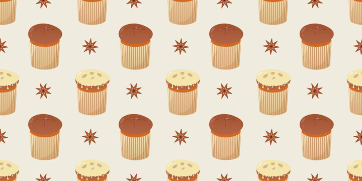 Seamless panettone cake pattern on burgundy. Flat design of italian Christmas dessert with fruits repeating background. Winter vector illustration for greeting cards, banners