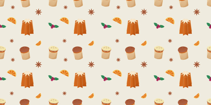Seamless italian Christmas pattern on beige. Flat design with panettone, pandoro, berries, anise and oranges repeating. Winter vector illustration for banners, package, menu