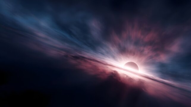 A cosmic black hole with a bright accretion disk and energetic jets amidst swirling colorful nebula clouds