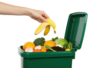A slender female hand gracefully drops a vibrant yellow banana peel into a forest-green compost bin overflowing with fresh organic waste against a stark white studio background, concept of ecological