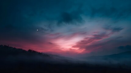Fototapeta premium Dramatic twilight sky with crescent moon and misty landscape