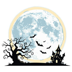 Spooky Halloween night with full moon, silhouette haunted house, tree, bats.